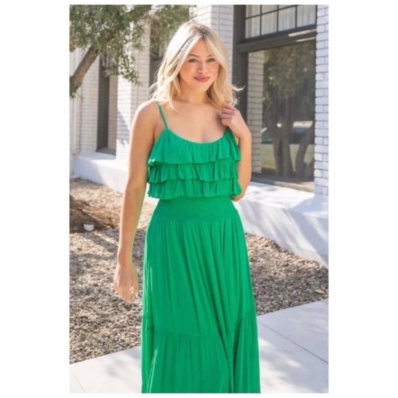 Emerald Green Rayon Gauze Ruffle Smocked Waist Sleeveless Midi Dress - Picture 5 of 6
